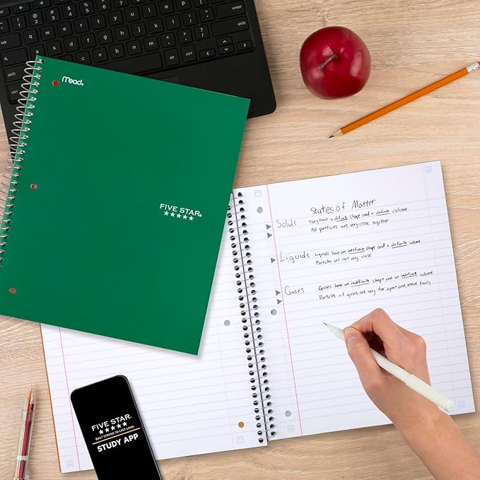 Five Star Spiral Notebook 3 Subject Wide Ruled | Forest Green | 150 Sheets | Water Resistant Cover | Pack of 6