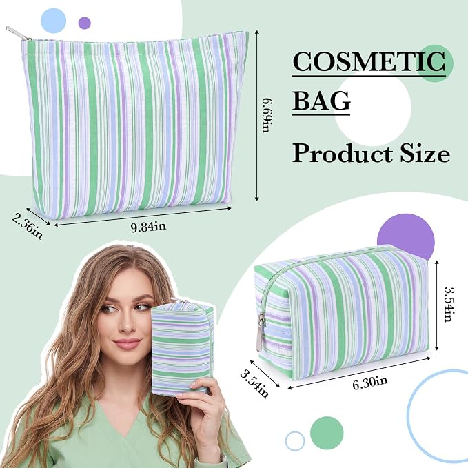 Huhumy 2 Pcs Striped Makeup Bag, Travel Toiletry Bag for Women, Aesthetic Cute Colorful Cosmetic Pouch, Seersucker Storage Organizer for Accessories, Essentials, Toiletries(Green Blue Purple)