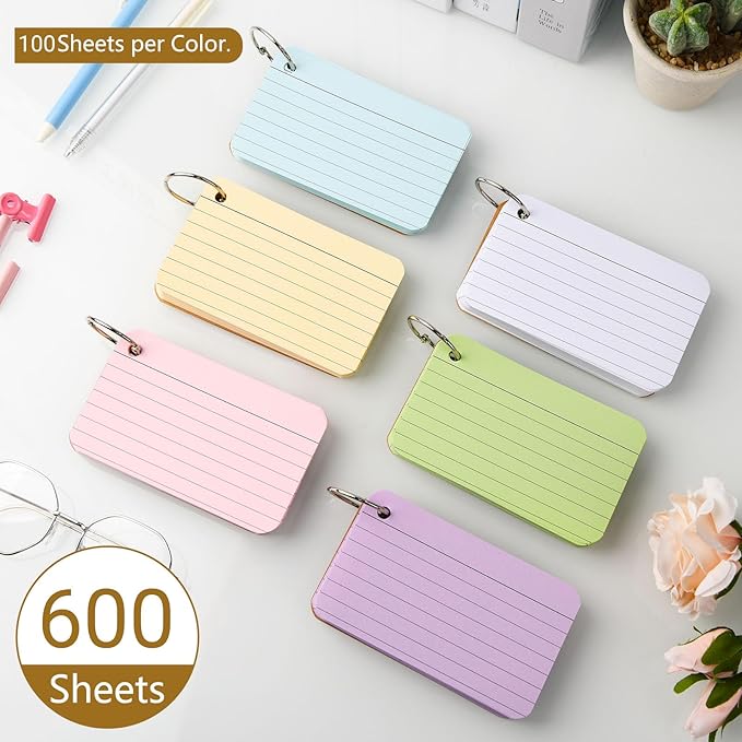zmybcpack 6 Pack Lined Index Cards 3 x 5 Inches, 600 Pcs Colored Ruled Index Flashcards Lined Flash Cards with Rings for Study, Office and Home