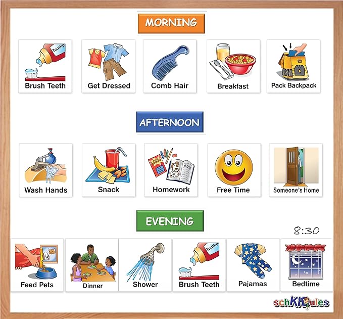 SchKIDules Visual Schedules for Kids 93 Pc Home Collection for Daily Routines: 72 Picture Magnets +21 Headings for Children, ADHD & Visual Learners