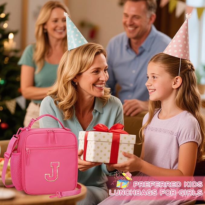 Initial Insulated Lunch Bag for Girls Kids, Back to School Gift, Reusable Leak-proof Lunch Box with Adjustable Strap for School Daycare Travel Picnic (Rosy Red,J)