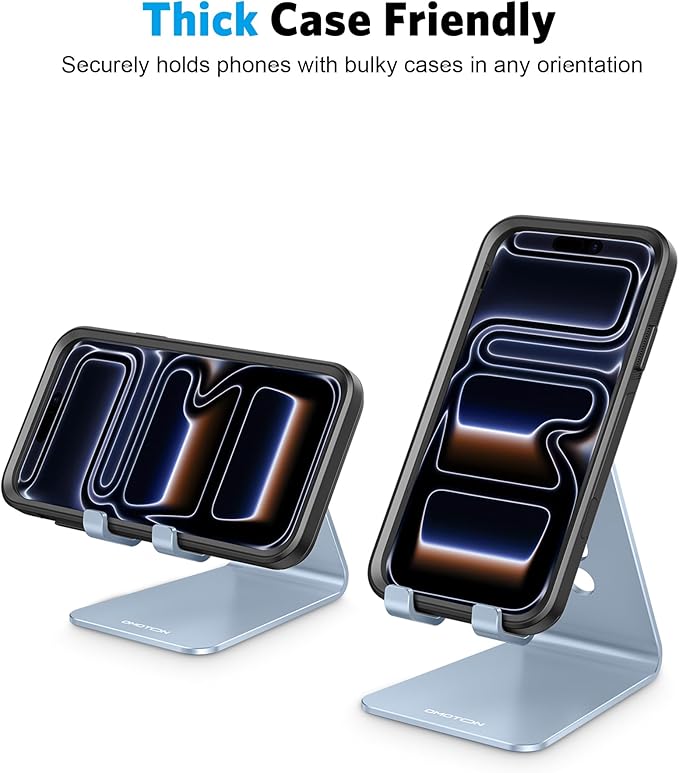 OMOTON Adjustable Cell Phone Stand, Aluminum Desktop Cellphone Stand with Anti-Slip Base and Convenient Charging Port, Fits All Smart Phones, Light Blue