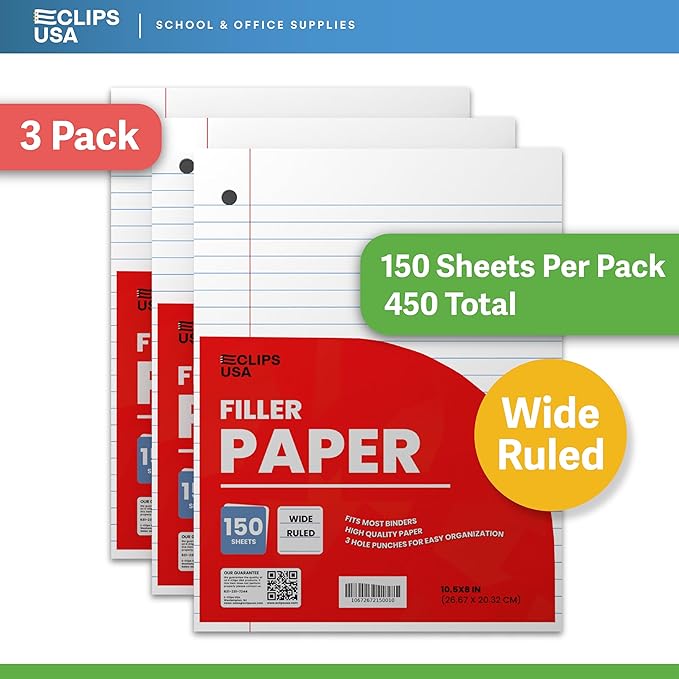 Wide Ruled Loose Leaf Paper Wide Ruled Notebook Paper Lined Writing Filler Paper 10.5” x 8” 56 gsm 450 Sheets 150 Sheet Per Pack (3 Pack)