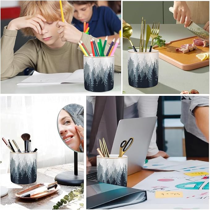 Large Capacity Pen Pencil Holder for Desk, Ceramic Pens Cup Cute Makeup Brushes Holder, Unique Desk Multifunctional Pen Organizer for Home, Office, and School, Forest Pattern