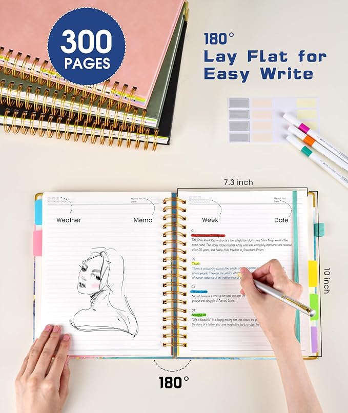 Hardcover Spiral Notebook Journal with Removable Dividers Tabs, 300 Pages 5 Subject Notebook College Ruled, 100GMS Notebooks for Work School Note Taking,Lined Journal for Women,Pink Blue Marble