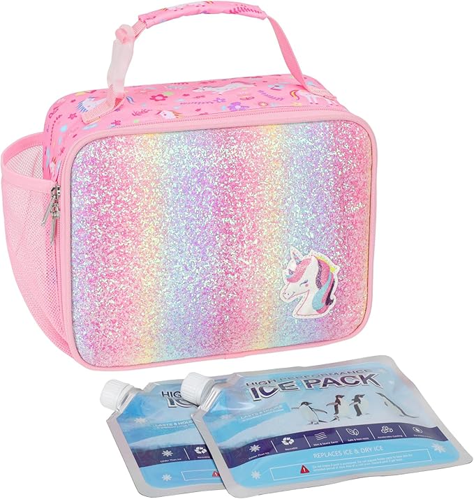 Bagseri Kids Lunch Bag with Ice Pack Included - Insulated Lunch Box for Girls Reusable Meal Tote for School & Travel, Glitter Pink Unicorn