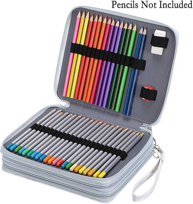 BTSKY Deluxe PU Leather Pencil Case For Colored Pencils - 120 Slot Pencil Holder with Handle Strap Handy Colored Pencil Box Large(White Marble)