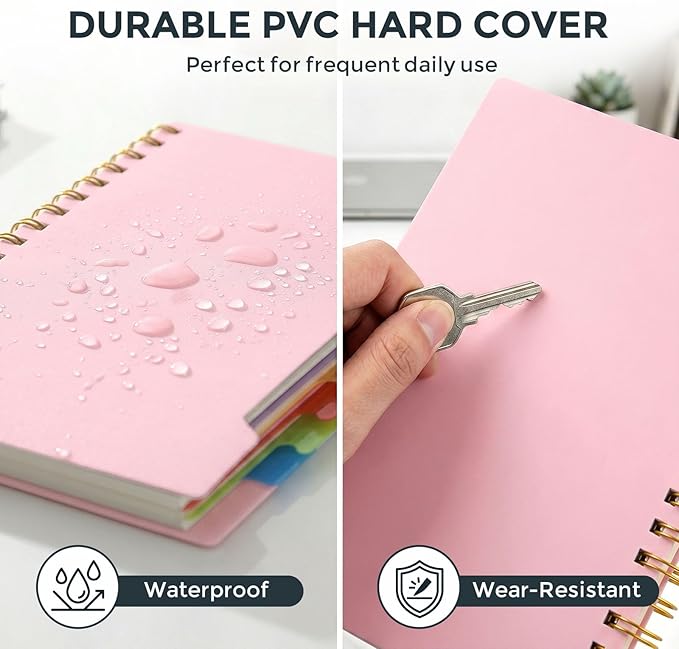 Koogel Spiral Notebook with Tabs, 5 Subject Spiral Notebook College Ruled with Removable Dividers, 200Pages Lined Journals for Women Journals Note Taking Work School Gifts, 5.8x8.3Inch, Pink