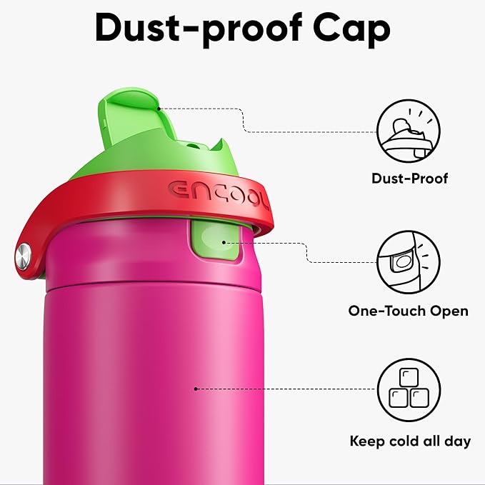 ENCOOL Leakproof Insulated Water Bottle with Straw Dual-Sip Water Bottle Bag-Safe Design for Work, Commute & Gym – Keeps Drinks Cold All Day, 24 oz, Neon Pink