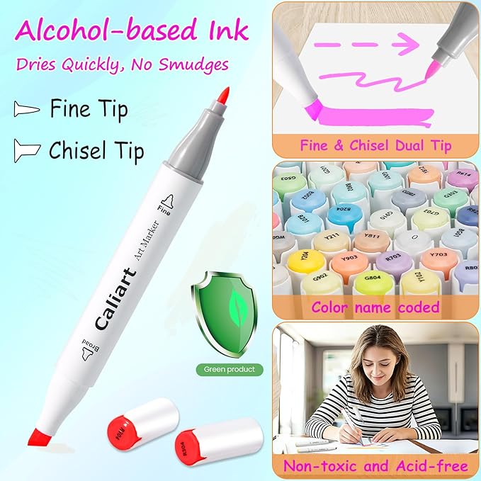 Caliart Alcohol Markers, 24 Colors Art Coloring Marker Set Fine & Chisel Dual Tip Drawing Gifts, Easter Basket Essentials, Easter Basket Stuffers