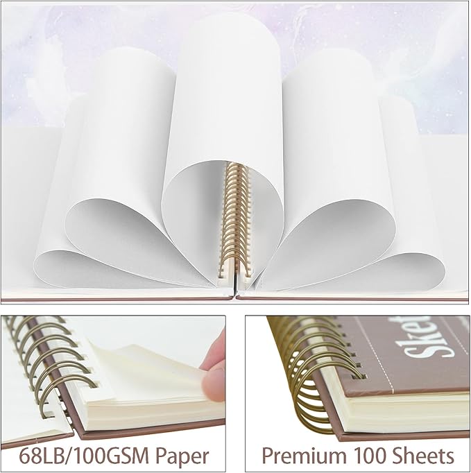 Crehatos 9" x 12" Sketch Book, Top Spiral Bound Sketch Pad, 100 Sheets 68lb/100gsm Drawing Paper, 1 Pack