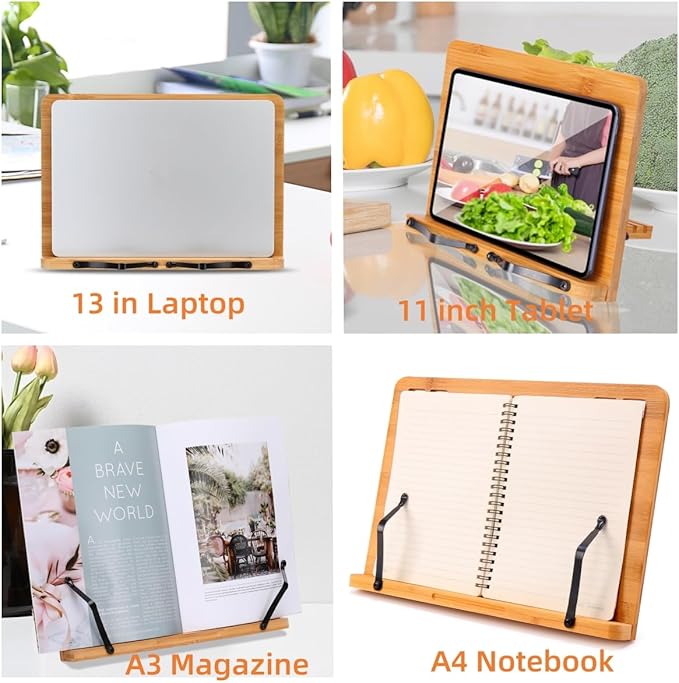 MEGREZ Book Stand for Reading (13.2 x 9.4 inch) Bamboo Cookbook Stand Holder for Kitchen, Adjustable Book Holder Stand for Tablet/Textbook Holder/Hollow Bookrest Stand, Giraffe and Tree