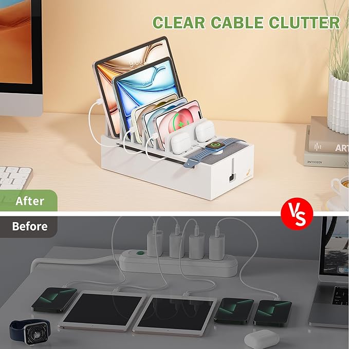 Pezin & Hulin Bamboo Charging Dock Station for Electronic Devices, Docking Organizer for Phone and Tablets, Smart Watch, Earbuds, Power Strip Box (Included 5-Port USB Charger and 6 Cables) -White