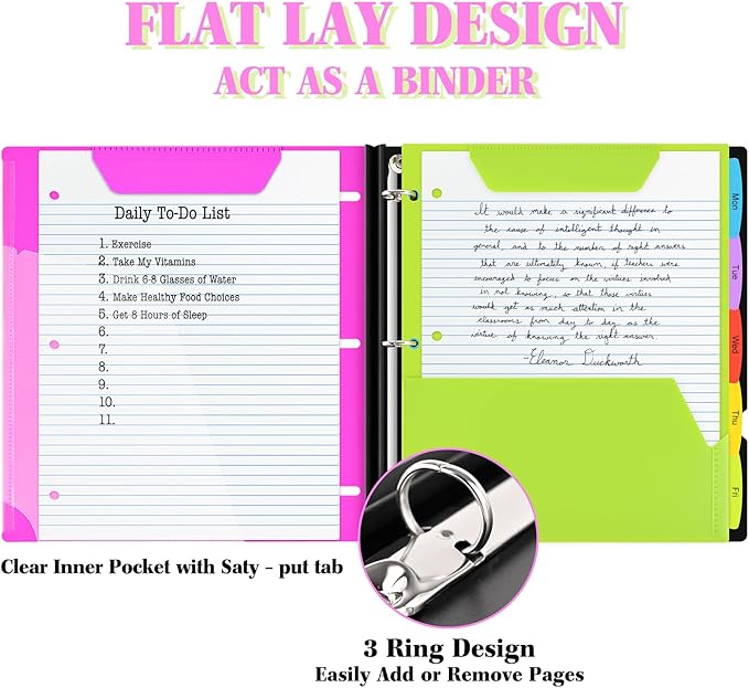 INFUN All-in-one Telescoping Binder Notebook, Refillable 3 Ring Notebook Binder with 1 Plastic Movable Pocket Folder,5 Plastic Subject dividers and Graph Paper and College Ruled Paper- Pink
