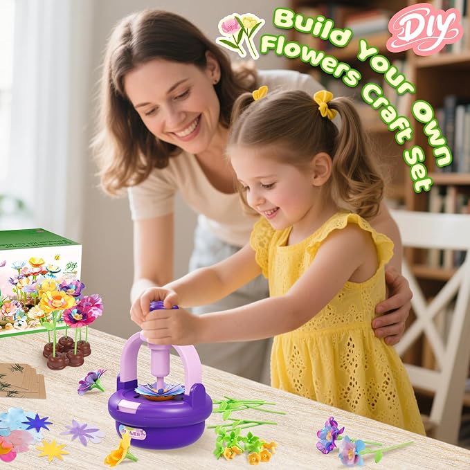 Flower Bouquet Making Kit for Kids Ages 4-8—DIY Arts and Crafts Toy, Build Your Own Flower Arrangement, Flower Press Craft Kit, Handmade Bouquet Birthday Gift for 3 4 5 6 7 8 9 Year Old Girls-[Purple]
