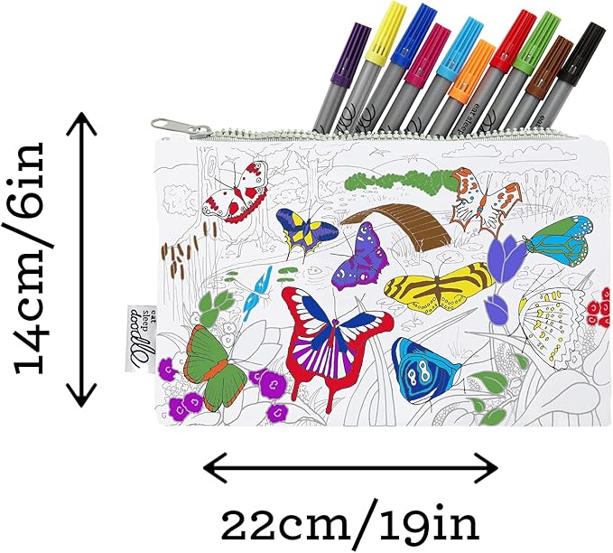 DIY Coloring Butterfly Pencil Case for Kids with 10pcs Washable Markers, Reusable Art Supply Organizer, Fun Arts & Crafts Activity for Boys & Girls, Creative Gift Idea for Ages - eatsleepdoodle