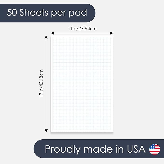 GeekNavy 11" x 17" Quadrille Graph Paper 50 Sheets Portrait - 0.25" 4x4 Square Grid, Blueprint, High Brightness, Border-Outlined, Large Drafting (3-Pack)