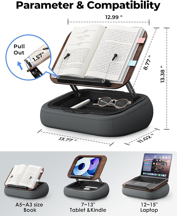 Viozon Lap Book Pillow Stand with Storage, Adjustable Beanbag Reading Pillow with Dark Wood Panel, Multi-Angle Book Holder for Hands-Free Reading in Bed or Sofa,Book Lover Essential,Soft Cushion
