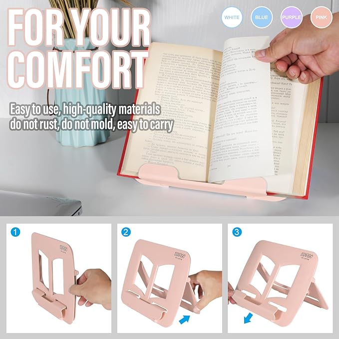 4Pack Book Stand - Waterproof Book Holder, Lightweight, Hands Free (Blue, Purple, Pink, White, 11.82" * 8.26")