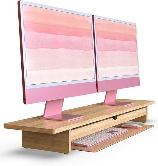 Bamboo Monitor Stand with Large Storage Drawer, 42 Inch Ergonomic Computer Riser for Desk, Screen Shelf with 7 Compartments for Keyboard & Stationery Organization
