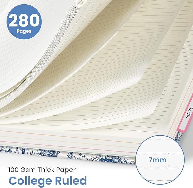 Large Lined Spiral Journal for Women Cute Hardcover 5 Subject Notebook for Work 8.5" x 11" with Removable Dividers & Tabs, College Ruled, 280 Pages Aesthetic Journal for Work, School & Note Taking, Blue Elegance
