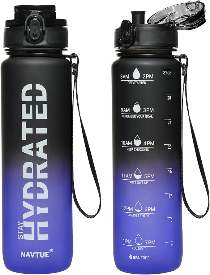 Water Bottle, 32 oz Sports Water Bottles with Time Marker Wide Mouth, Motivational and Leakproof Drink Bottle, BPA Free Tritan with Carry Strap for Gym Fitness Outdoor(1 Bottle)