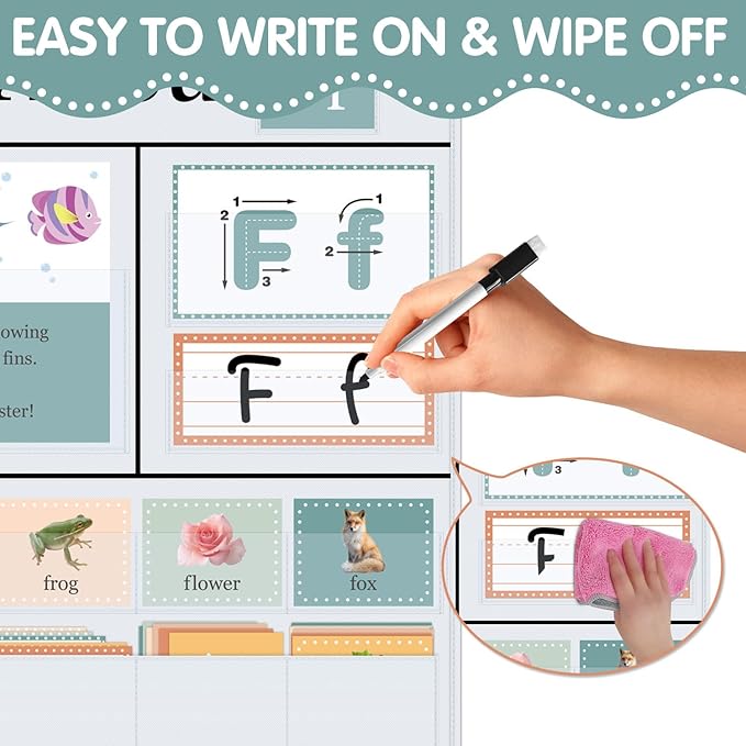 All About Letters Pocket Chart with 99 ABC Flash Cards, Letter of The Day/Week Daypocket Chart, Letter Tracing Learning Educational Wall Chart Preschool Classroom Homes, 34" X 27"White