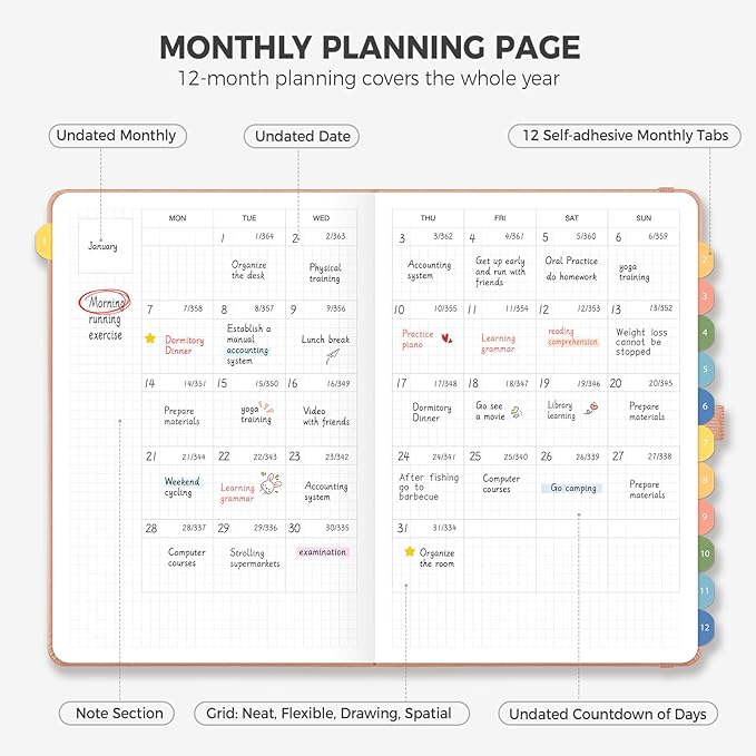 Daily Planner Undated, Appointment Book for Hourly, Daily and Monthly, 365 Days, One Page a Day, Medium Size (5.7" x 8.3"), Leather Hardcover, 12 Self-adhesive Monthly Tabs (Pink)