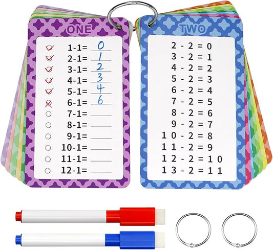 Subtraction Flashcards 0-12, 13 Pcs Math Flashcards, Subtraction Math Game, Times Table Flash Cards with 2 Dry Erase Markers and 2 Rings for 1st to 3rd Grades