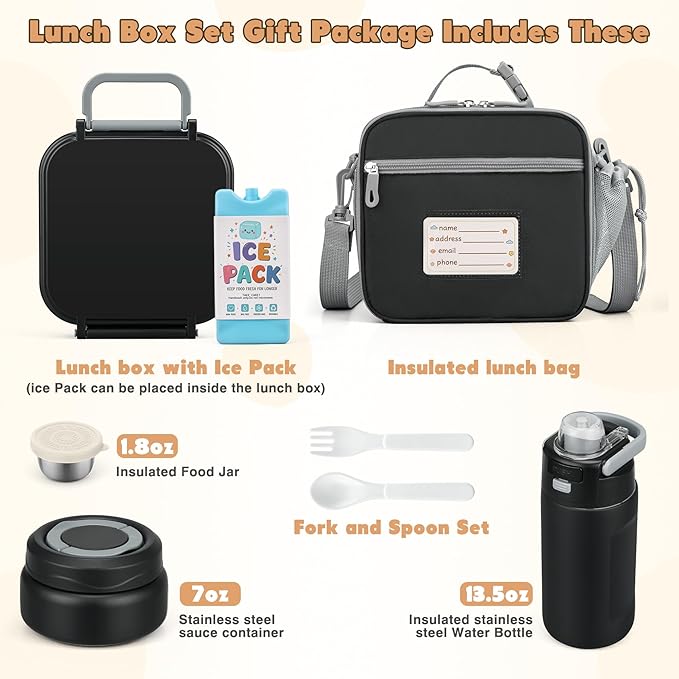 Bento Lunch Box for Kids with 7oz Soup Thermo,Insulated Stainless Steel Kids Water Bottle with Straw and Insulated Lunch Bag,Leak-Proof Lunch Food Container with Ice Pack for School (Black)