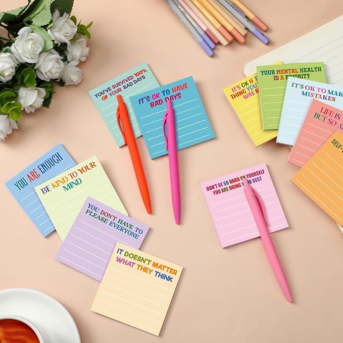 Yinder 24 Pcs Inspirational Sticky Notes Cute Motivational Sticky Notes Pad End of Year Employee Appreciation Gifts Bulk for Teacher Nurse Coworkers Office Supplies 3 x 3''(Mental Health,Light Colors)