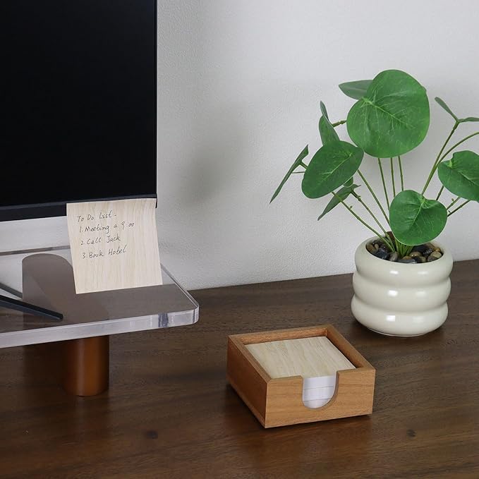 MultiBey Sapele Wood Sticky Note Holder with Non-Slip Base - Natural Wood Memo Pad Dispenser & Desk Organizer for Post-it Notes, Paper Clips, Office & Home