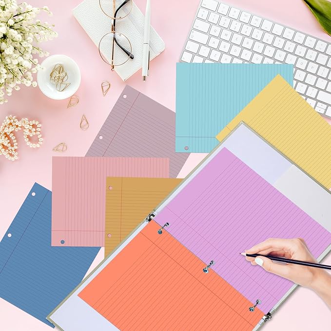 gisgfim 100 Sheets Loose Leaf Binder Paper, 8" x 10.5" Colored College Ruled Paper, 3 Hole Punched Lined Refill Inserts Thicken for 3-Ring Binders Notebooks Planner Writing School Office (Sweet Color)