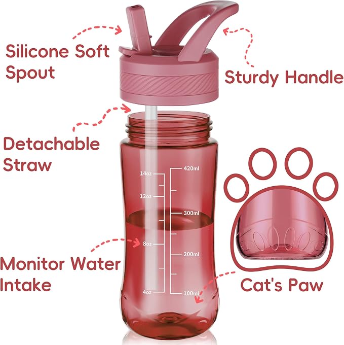 14oz Clear Kids Water Bottle with Straw Lid, BPA-Free Tritan, Measurement Scale, Sturdy Handle Wide Mouth Leak-proof Reusable Plastic Bottle for Boy& Girls, Back to School(Red)
