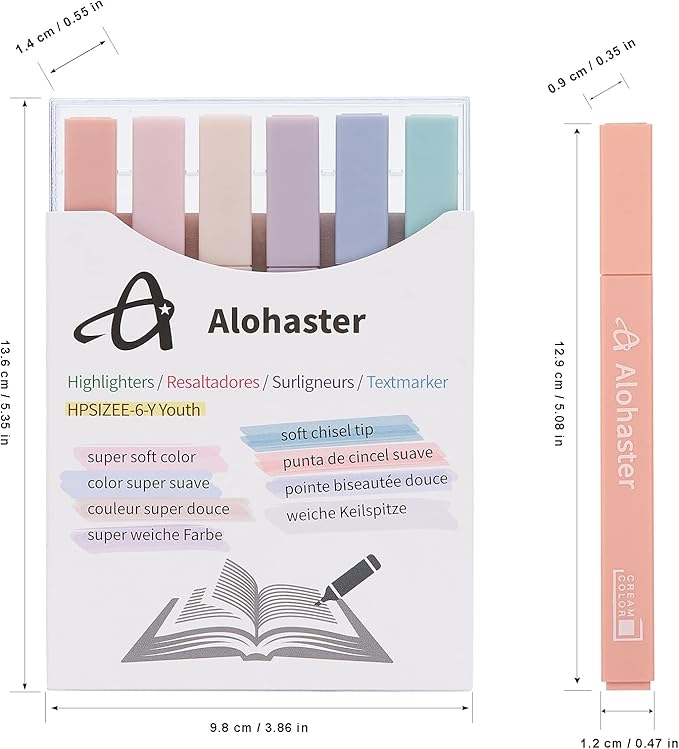 Alohaster HPSIZEE Aesthetic Cute Highlighters Mild Assorted Colors With Soft Chisel Tip, No Bleed Dry Fast Easy to Hold, for Journal Bible Planner Notes School Office Supplies, 6 Pack - Youth