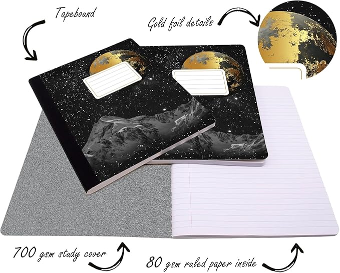 Jainzy Composition Notebooks, 6 Pack - 9.75 x 7.5 inches, College Ruled 140 Pages, Gold Foil Design