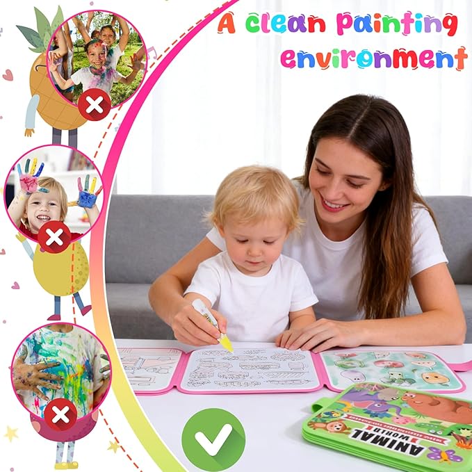Vodolo Water Painting Book for Toddlers - 2 Pack Reusable Magic Water Coloring Book with 4 Water Pen 2 Brush - Mess Free Painting for Toddlers,No Mess Paint Coloring for Ages 3+ Travel Activity Toys