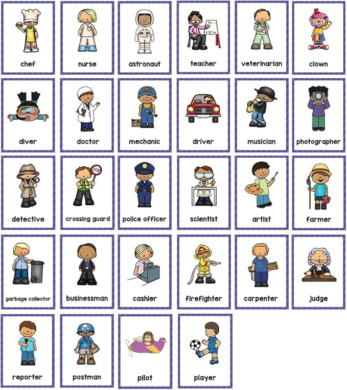 Lachilly Occupations English Learning Flashcards, High Frequency Words, Beginning Reading, Kindergarten ESL Teaching Materials, Autism Learning Materials, Vocabulary Building, 15 Cards, 28 Words