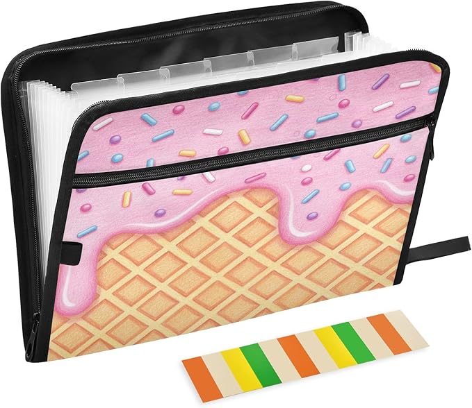 Ice Cream Pink 13 Pocket File Organizer Expanding File Folder with Front Pouch Portable Business File Storage Document Organizer Folder with Zipper