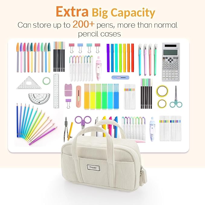 Sooez Large Pencil Case Pouch, Extra Big Pencil Bag with 5 Compartments, Pen Bag Wide Opening, Soft Corduroy Pencil Pouch Organizer with Zipper, Cute Aesthetic School Supplies for Girls-Light Purple