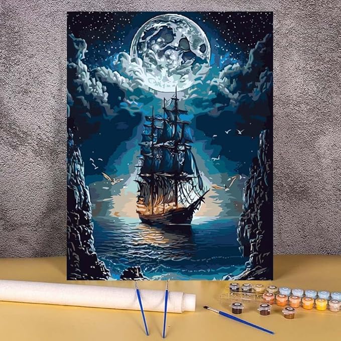 YPF Paint by Numbers for Adults Landscape Paint by Number on Canvas, DIY Steamship Moon Acrylic Oil Painting Kits with Brushes for Home Wall Decor (16x20 inch)