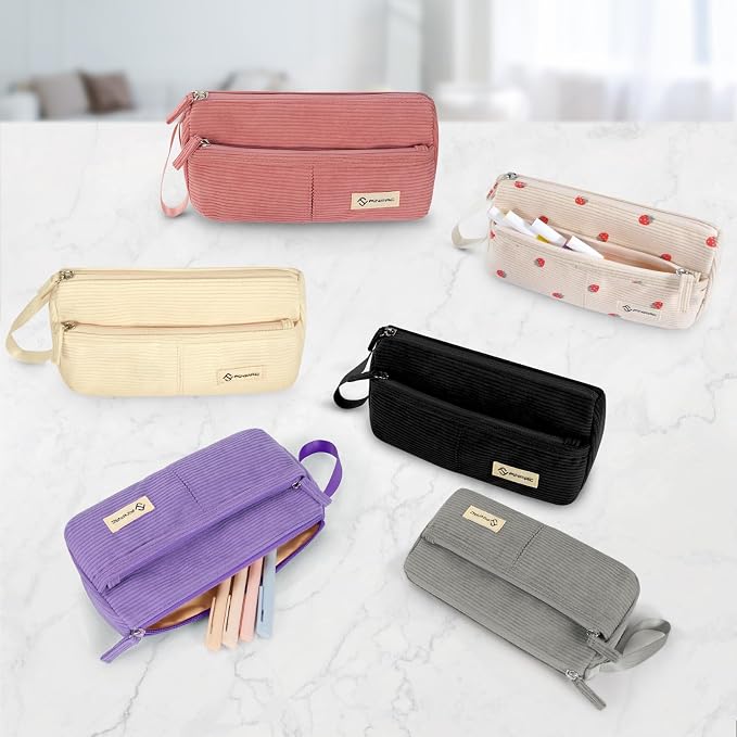FINPAC Pencil Case, Corduroy Triangle Makeup Bag Kawaii Pen Bag Pouch | Pencil Holder Box Organize for Study, Office, or Travel, Strawberry