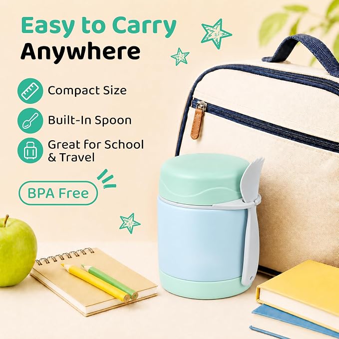 Pawtong10oz Soup Thermo for Hot Food Kids Insulated Food Jar,Thermo Hot Food Lunch Container, Width Mouth Stainless Steel Lunch Box for Kids with Spoon (Mint)