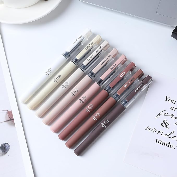 Aesthetic Cute Stick Rollerball Pens, Colored Ink Gel Pen, Quick Dry Colored Liquid Ink Pens, 0.5mm Fine Point Coffee Pens Soft Touch Smooth Writing for Journaling School Supplies (8 Pack)