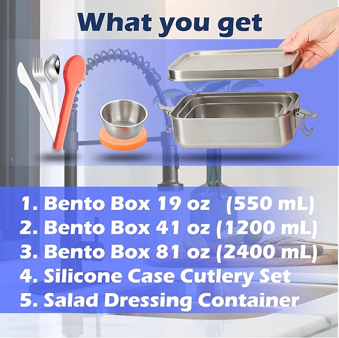 5 in 1 | Stainless Steel Bento Box & Cutlery Set & Snack Container – 19/41/81oz (550/1200/2400ml) – Nesting Metal Lunch Box for Office, Work, Travel – BPA Free Food Storage Lunchbox Tiffin for Adults