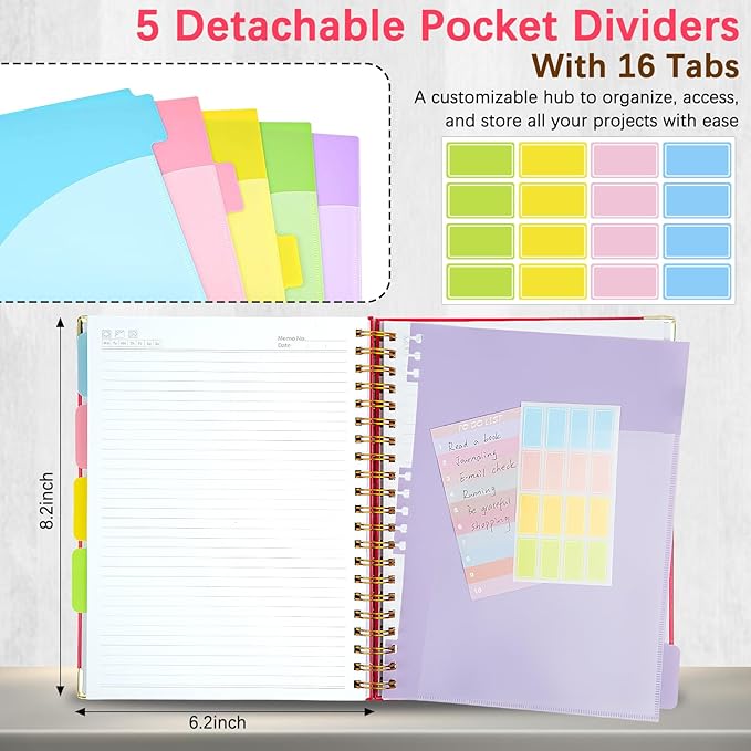 Hardcover Spiral Notebooks for Work 6.2"x 8.2", 300 Pages 5 Subject Notebook with Dividers & Tabs, A5 Spiral Journal for Women, College Ruled Notebook for School Note-Taking (Rose Red)