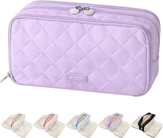 Cute Pencil Case for Girls kids Soft Quilted Pencil Pouch Bag Organizer | With 3 Compartments,Big Capacity Marker Crayon Storage Bag Large Double Zipper Art Bag For Kids School College Boys Women