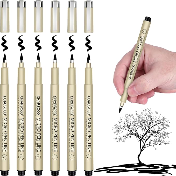 L Micro Pen, 6 Pack Black Fine Point Pen with Waterproof Archival Ink, 2-5mm Fineliner Ink Pens for Artist Illustration, Sketching, Anime, Manga, Technical Drawing and Scrapbooking-L
