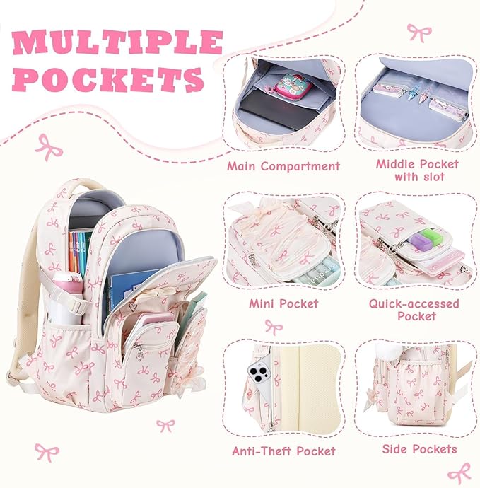 MOONBABY Kids Backpack for Girls, Fits 15.6 Inch Laptop Large Capacity School Bookbag, Girls Backpack with Lovely Pendant, Back to School Bag for Elementary Primary Students Teen Ages 6-12, Beige