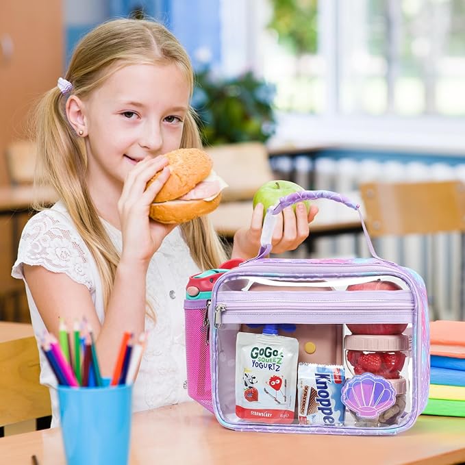 Bagseri Kids Clear Lunch Bag - Girls Lunch Box for School Reusable Snack Bag with Water Bottle Holder Stadium Approved Clear Bag, Purple Mermaid Shell